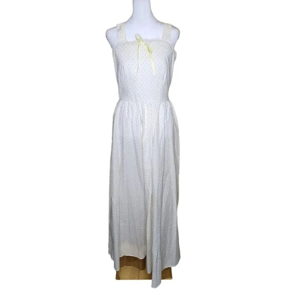 Vintage 70s Strappy Maxi Sweet Summer Dress Womens Size M White Yellow Calico Fl